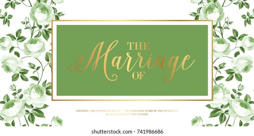 Marriage invitation card with custom sign and flower frame over wooden background. Vector illustration.
