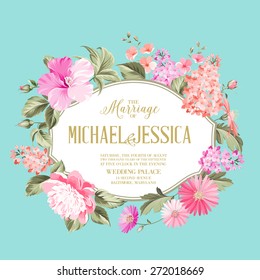 Marriage invitation card with custom text, vintage floral invitation for summer party. Vector illustration.