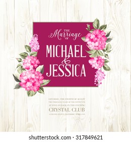 Marriage invitation card. with custom text. Purple garland hydrangea on wood background. Red head of hydrangea flower. Vector illustration.