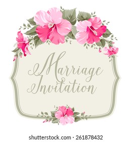 Marriage invitation card with floral garland and calligraphic text. Vector illustration.
