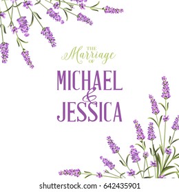 Marriage invitation card with lavender flowers. Marriage invitation card with custom sign and flower frame. Printable vintage marriage invitation with flowers over white. Lavender sign label.
