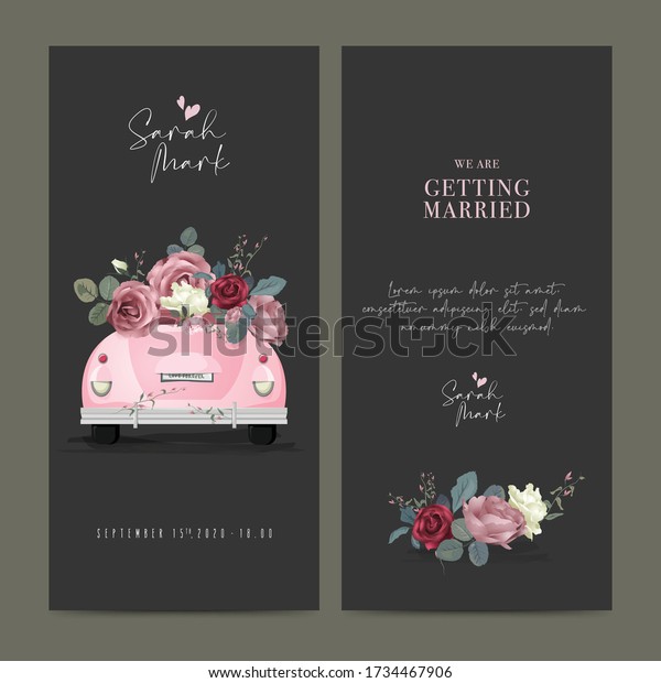 Marriage invitation card. Pink car, roses,\
leaves and flowers.