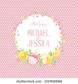 Marriage invitation card with pink flowers. Modern marriage design with custom names and flower bouquet. Vector illustration.