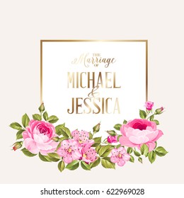 Marriage invitation card with pink flowers. Modern marriage invitation card with template names and flower bouquet. Vector illustration.