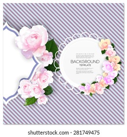 Marriage invitation card with place for text and pink flowers over linear blue background, vector illustration