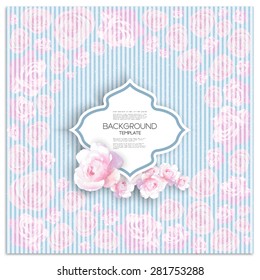 Marriage invitation card with place for text and pink flowers over linear blue background, vector illustration