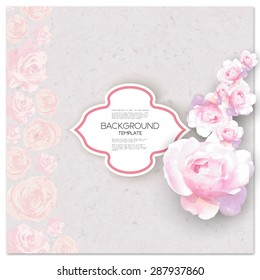 Marriage invitation card with place for text and pink flowers over canvas texture. Vector illustration.
