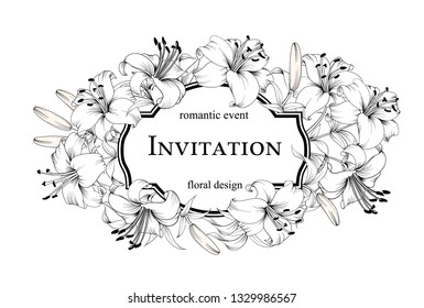 The marriage invitation card. Romantic event floral design. Card with blooming lily. Vector illustration.