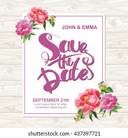 Marriage invitation card with save the date tag and watercolor flower frame over wooden background. Vector illustration.