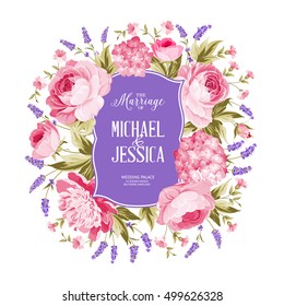 Marriage invitation card. Spring flowers bouquet of rose, peony and hydrengea garland. Wedding card with rose flowers over white background. Vector illustration.