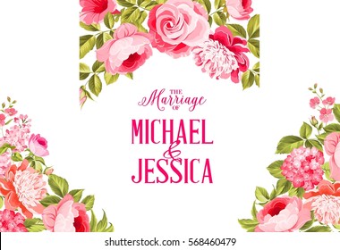 Marriage invitation card. Invitation card template with blooming flowers and custom text isolated over white. Flower garland for invitation card. Vector illustration.