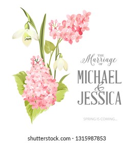 Marriage invitation card with template sign and spring flower garland. Lilac and galantus bouquet for wedding card. Printable vintage marriage invitation with flowers over white. Vector illustration.