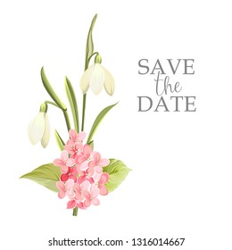 Marriage invitation card with template sign and spring flower garland. Lilac and galantus bouquet for wedding card. Printable vintage marriage invitation with flowers over white. Vector illustration.