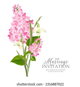 Marriage invitation card with template sign and spring flower garland. Lilac and galantus bouquet for wedding card. Printable vintage marriage invitation with flowers over white. Vector illustration.