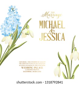 Marriage invitation card with template sign and spring flower garland. Lilac and galantus bouquet for wedding card. Printable vintage marriage invitation with flowers over white. Vector illustration.