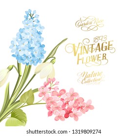 Marriage invitation card. Wedding invitation with spring flowers. Bridal shower invitation with white background. Marriage floral invitation for spring or summer ceremony. Vector illustration.