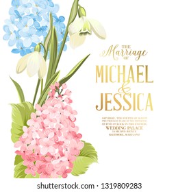 Marriage invitation card. Wedding invitation with spring flowers. Bridal shower invitation with white background. Marriage floral invitation for spring or summer ceremony. Vector illustration.
