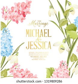 Marriage invitation card. Wedding invitation with spring flowers. Bridal shower invitation with white background. Marriage floral invitation for spring or summer ceremony. Vector illustration.