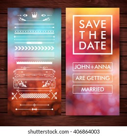 Marriage invitation clip art with various borders, frames and save the date text with placeholders over wooden background