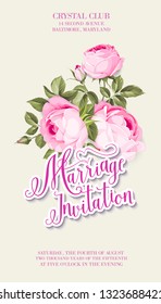 Marriage invitation on ivory background, vintage floral invitation for spring or summer wedding. Vector illustration.