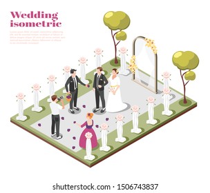 Marriage isometric composition with couple getting married on outdoor wedding ceremony vector illustration