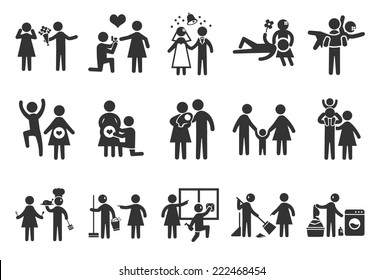 Marriage life vector illustration icon set. Included the icons as couple, family, lifestyle, wedding, wife, husband and more.