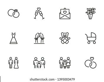 Marriage line icon set. Wedding rings, couple, child. Family concept. Can be used for topics like celebration, holiday, having baby