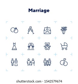 Marriage line icon set. Wedding rings, couple, child. Family concept. Can be used for topics like celebration, holiday, having baby