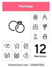 Marriage line icon set. Wedding rings, couple, child. Family concept. Can be used for topics like celebration, holiday, having baby