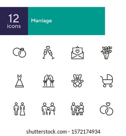 Marriage line icon set. Wedding rings, couple, child. Family concept. Can be used for topics like celebration, holiday, having baby