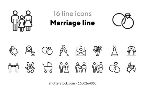 Marriage line icons. Set of line icons. Clapping hands, family, teddy bear. Marriage concept. Vector illustration can be used for topics like family, wedding