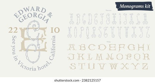 Monogramas matrimoniales para los nombres de novias y novios. Kit de alfabeto para creador de logotipos. Capitales anchas y estrechas. Iniciales con delgadas líneas giratorias y frondosos patrones de follaje. Perfecto para la boda, invitación de cumpleaños.