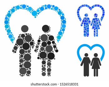 Marriage mosaic for marriage icon of circle elements in variable sizes and shades. Vector circle elements are grouped into blue mosaic. Dotted marriage icon in usual and blue versions.