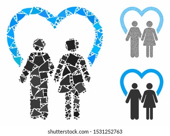 Marriage mosaic of inequal elements in different sizes and color hues, based on marriage icon. Vector raggy pieces are organized into collage. Marriage icons collage with dotted pattern.