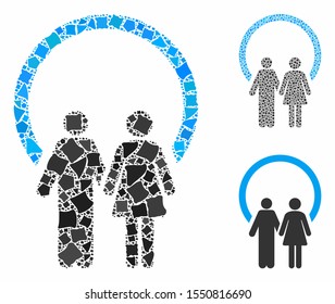 Marriage mosaic of unequal elements in different sizes and shades, based on marriage icon. Vector unequal elements are united into collage. Marriage icons collage with dotted pattern.