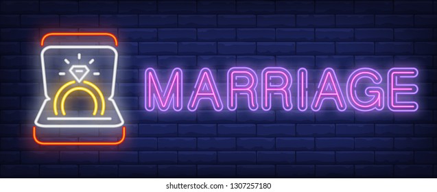 Marriage neon text and golden ring with diamond in box. Wedding design. Night bright neon sign, colorful billboard, light banner. Vector illustration in neon style.