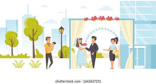 Marriage officiant marrying bride and groom at outdoor wedding ceremony. Photographer with camera taking photo or portrait of happy newlyweds or romantic couple. Flat cartoon vector illustration.