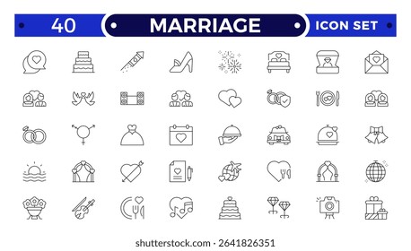Marriage Outline Icon Set – Wedding, Love and Celebration Line Symbols. Bride, groom, lovers, wedding rings, wedding car, cake.

