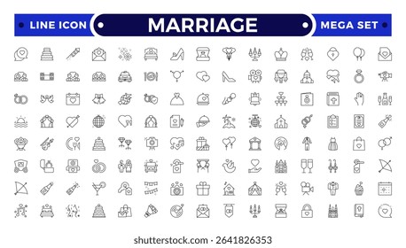 Marriage Outline Icon Set – Wedding, Love and Celebration Line Symbols. Bride, groom, lovers, wedding rings, wedding car, cake.

