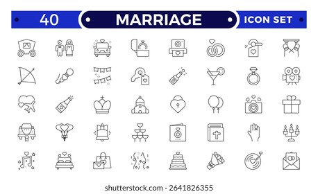 Marriage Outline Icon Set – Wedding, Love and Celebration Line Symbols. Bride, groom, lovers, wedding rings, wedding car, cake.
