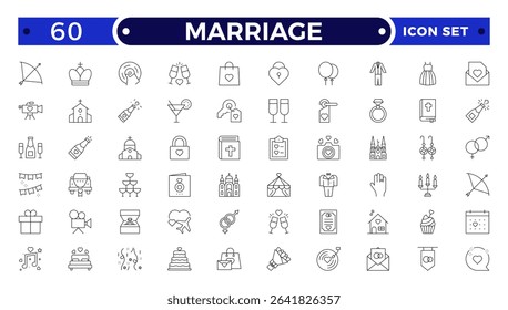 Marriage Outline Icon Set – Wedding, Love and Celebration Line Symbols. Bride, groom, lovers, wedding rings, wedding car, cake.
