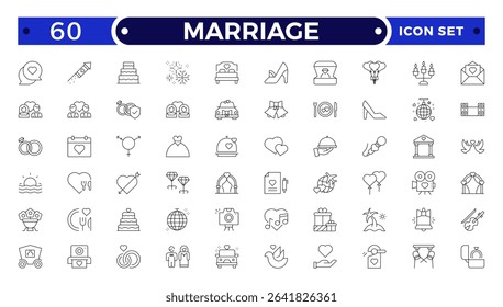 Marriage Outline Icon Set – Wedding, Love and Celebration Line Symbols. Bride, groom, lovers, wedding rings, wedding car, cake.
