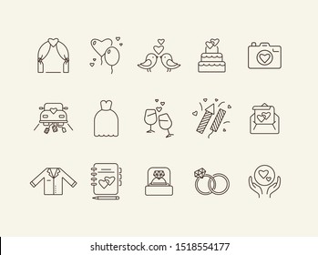 Marriage party icons. Set of line icons. Bride bouquet, calendar, church. Wedding concept. Vector illustration can be used for topics like marriage, family, love