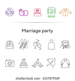 Marriage party icons. Set of line icons. Bride bouquet, calendar, church. Wedding concept. Vector illustration can be used for topics like marriage, family, love