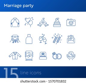 Marriage party icons. Set of line icons. Bride bouquet, calendar, church. Wedding concept. Vector illustration can be used for topics like marriage, family, love