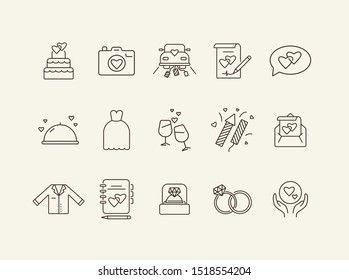 Marriage party line icons. Set of line icons. Wedding ring, just married car, balloons. Wedding concept. Vector illustration can be used for topics like marriage, family, love