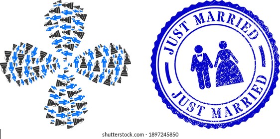 Marriage persons centrifugal flower shape, and blue round JUST MARRIED scratched rubber print with icon inside. Object flower with 4 petals organized from oriented marriage persons symbols.