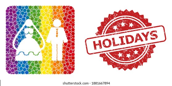 Marriage persons collage icon of spheric items in various sizes and LGBT colored color hues, and Holidays scratched rosette seal. A dotted LGBT-colored Marriage persons for lesbians, gays,