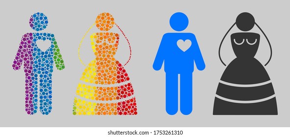 Marriage persons composition icon of circle spots in various sizes and rainbow colored color hues. A dotted LGBT-colored Marriage persons for lesbians, gays, bisexuals, and transgenders.