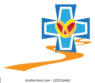 Marriage preparation course christian symbol - a path to wedding, with a cross, wedding rings and a heart